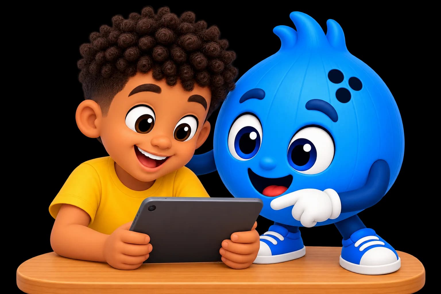 Un niño sonriente jugando con la mascota de DaleCoco en una tableta